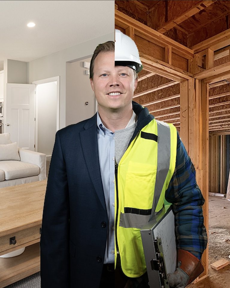 David Olson, half in a suit in a finished home and half in a hard hat and safety vest on a framing site